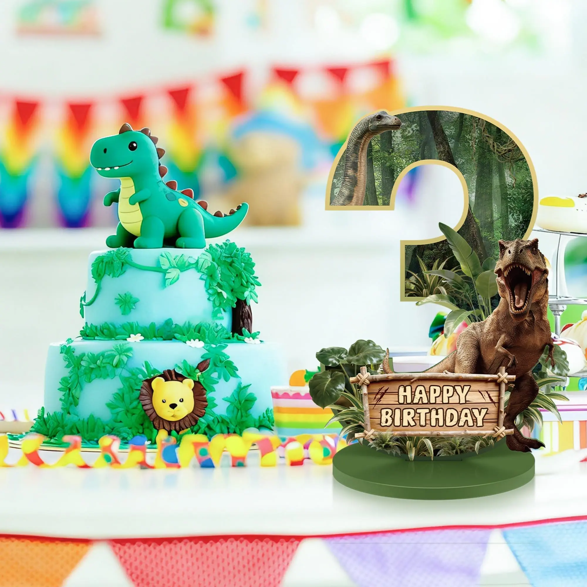 Dinosaur Themed Wooden Number Table Sign, Jurassic T-Rex Happy Birthday Freestanding Number 3/4/5 Decorative Centerpiece, Jungle Wood Tabletop Ornament for Kids Birthday Party, Baby Shower Party Table Decoration Supplies, Birthday Decorations