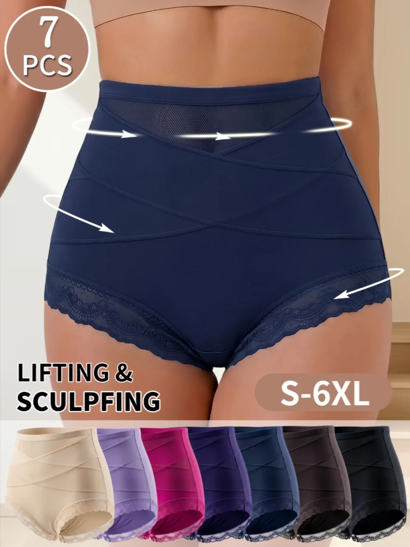 7 Pack Women’s High Waisted Abdomen Shapewear Panties, Tummy Control Compression Briefs with Cross Support Panels, Breathable Mesh Lace Trim Body Shaper Underwear for Dresses, Pants and Daily Wear