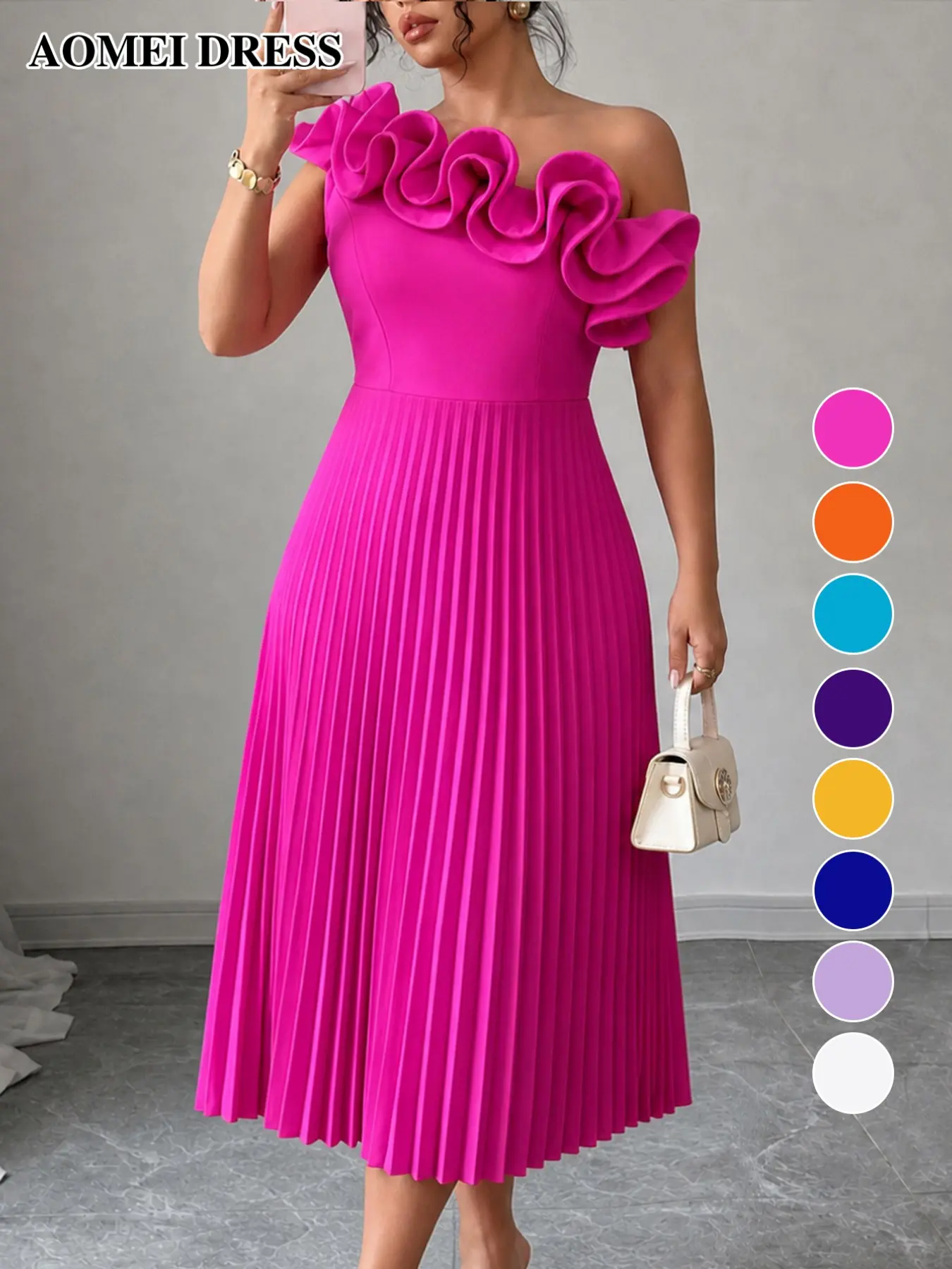 AOMEI DRESS Women's Elegant One-Shoulder Ruffled Pleated Midi Dress Formal Wear – Suitable for Wedding Guests, Church, Parties, and Formal Occasions