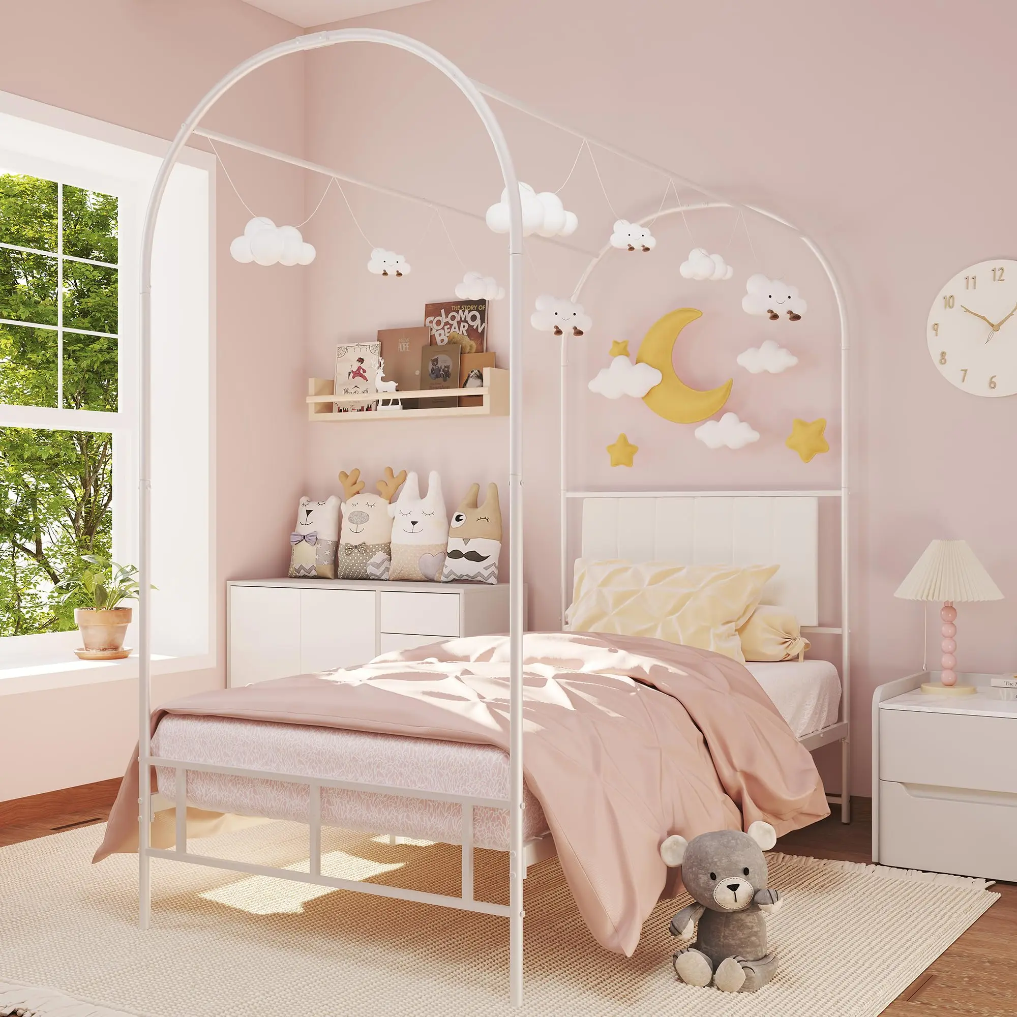 Garvee Twin Canopy Bed Frame with Arched Top Upholstered Headboard, Quiet Metal Platform, and Underbed Storage Space - Elegant White Design for Dreamy Bedroom Decor, Suitable for Adults and Teens