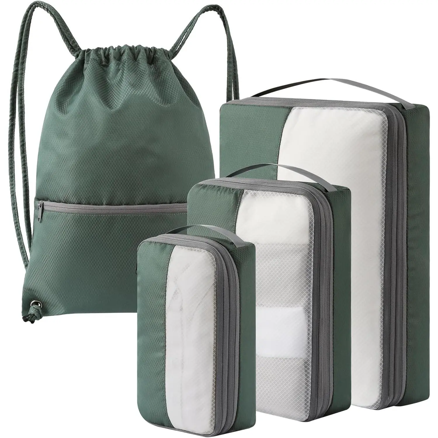 Dark Green 4-Set Synthetic Compression Packing Cubes for Trips, Bonus Versatile Drawstring Backpack, Lightweight Luggage Organizer Bags, Sturdy Travel Accessories for Suitcase