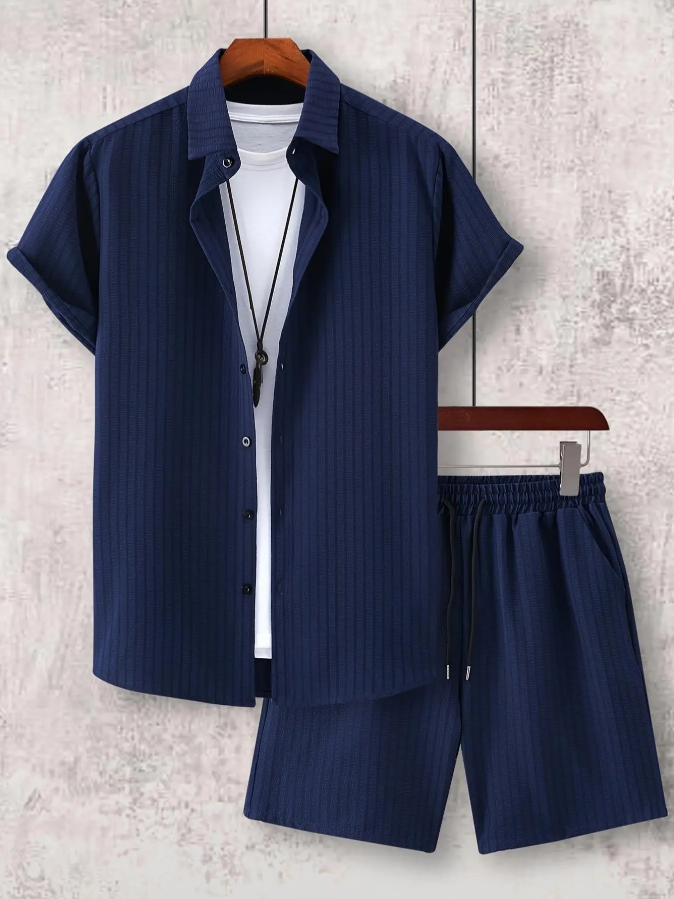 Men's Regular Fit Striped Print Short Sleeve Shirt & Pocket Shorts Two-piece Set without Tee & Necklace, National Day Clothing, Casual Summer Outfits Set for Men, Mens Clothing, Fitted Outfit Sets