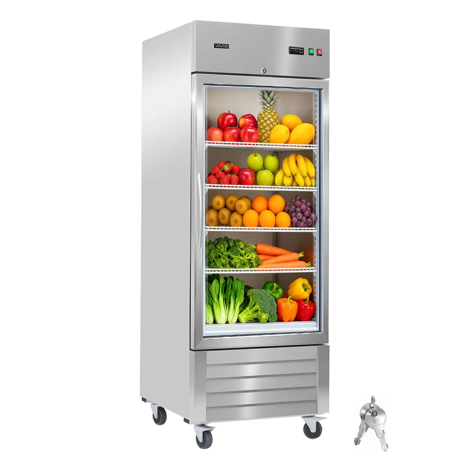 VEVOR Commercial Refrigerator, 29.02 in Width Reach In Upright Refrigeration Single Glass Door, 21.5 Cu. ft Auto-Defrost Stainless Steel Refrigerator with 4 Adjustable Shelves, 32 to 50 Temp Range