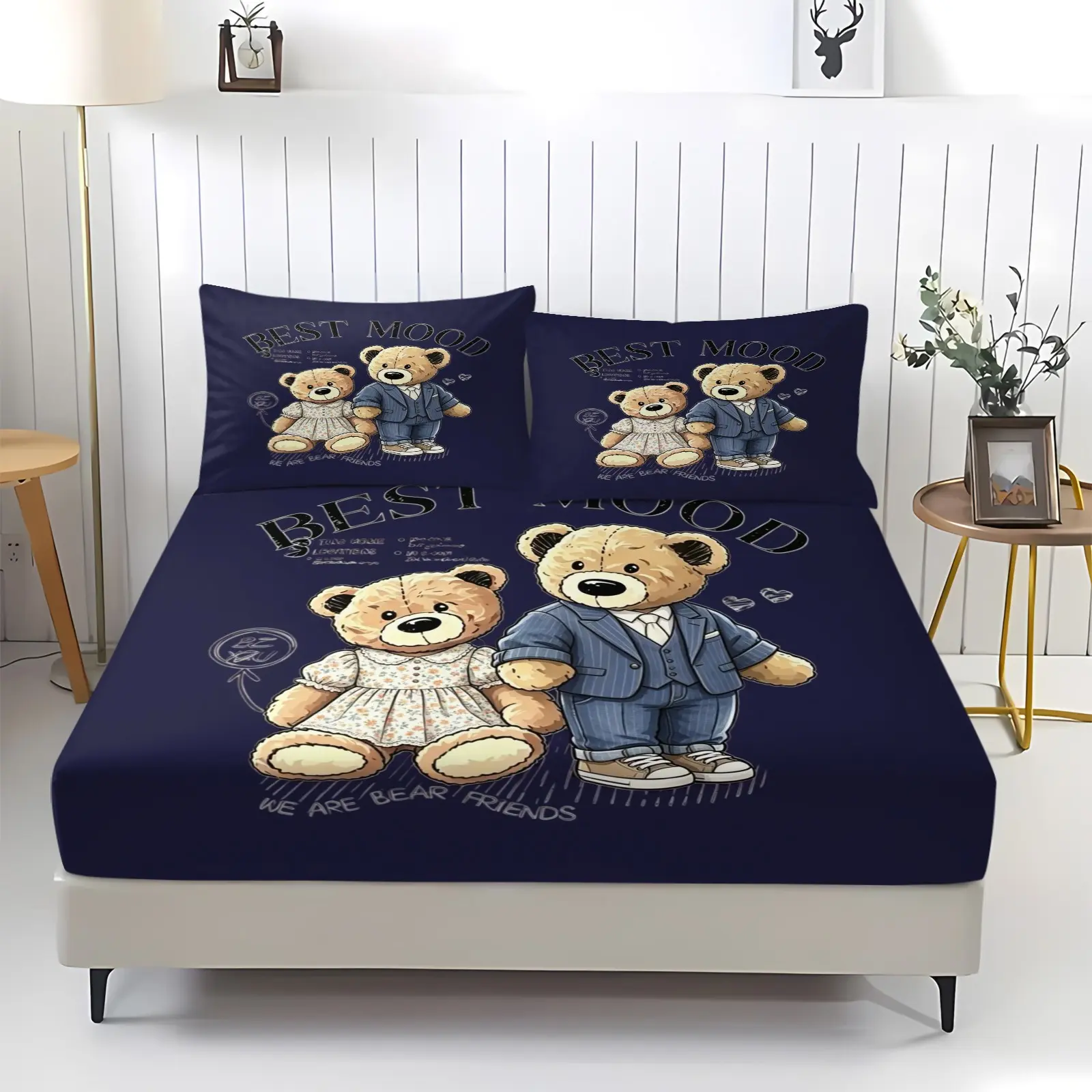 A pair of teddy bear printed bed sheets, including 1 bedsheet and 2 pillowcases, with anti slip and dust-proof covers suitable for bedrooms and guest rooms, suitable for personal use or gift giving, Cute Bedding
