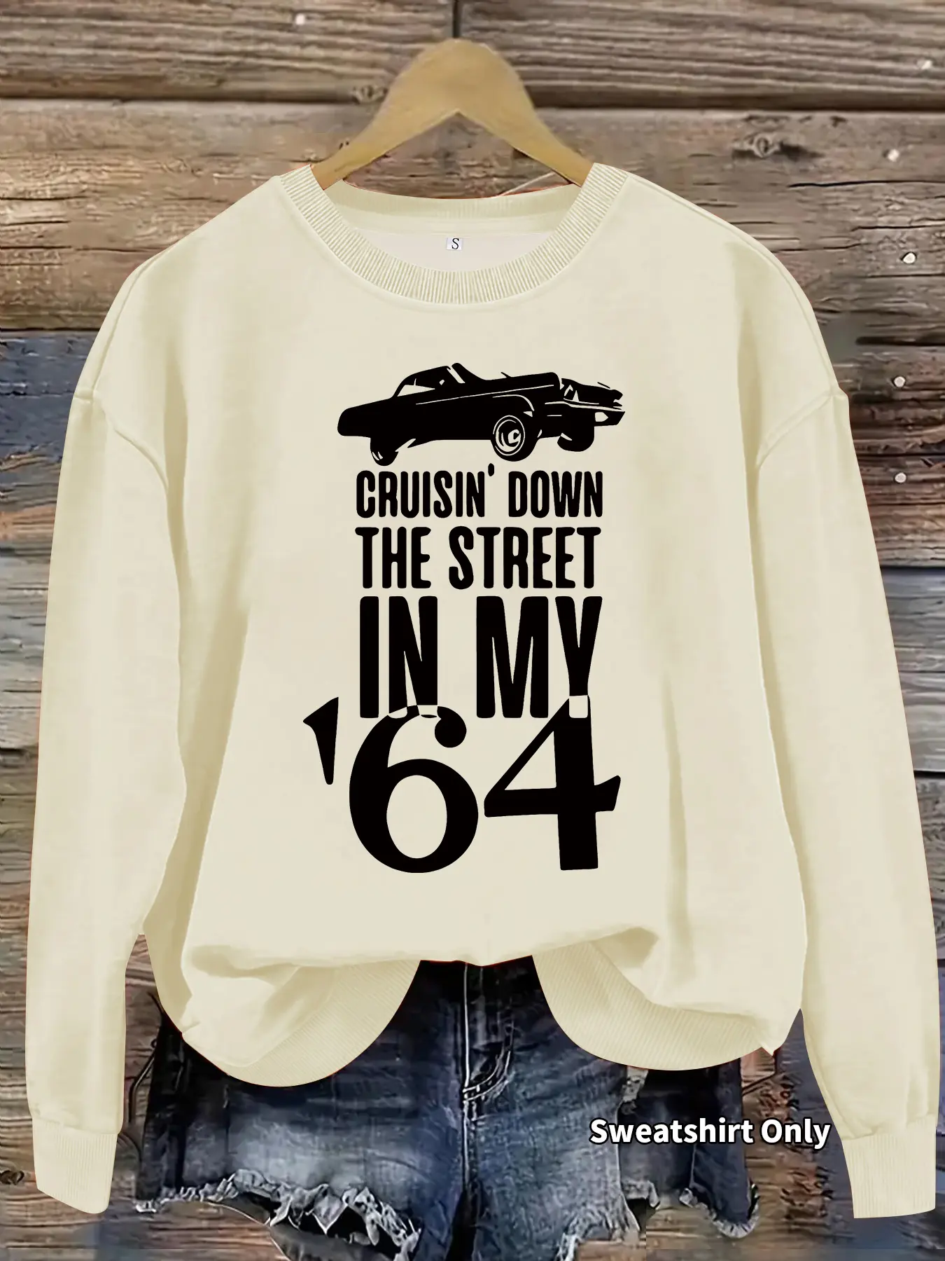 Vintage 1964 Car Graphic Sweatshirt, Women's Fall Winter Casual Long Sleeve Round Neck Pullover, Loose-Fitting Letter Print Top