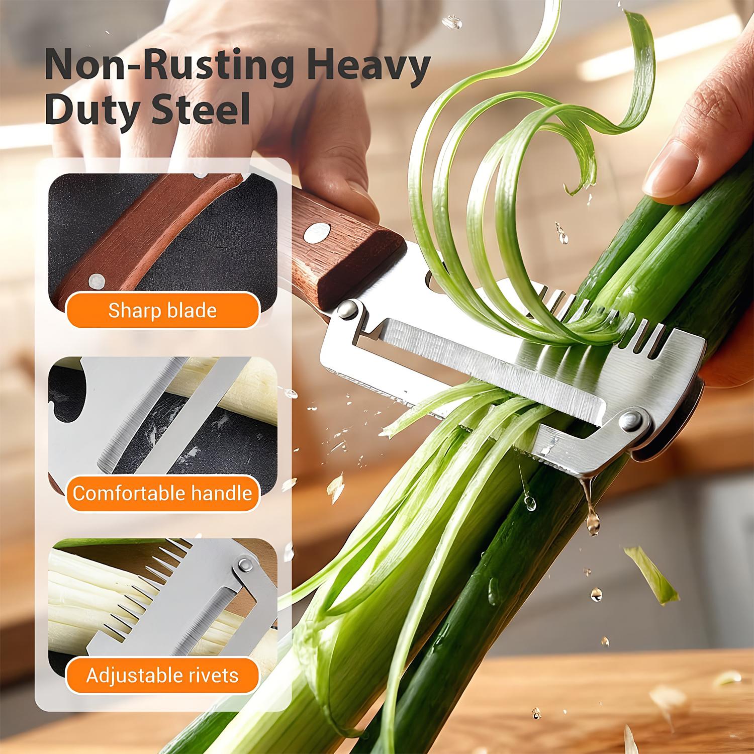 3-in-1 Multi-Function Vegetable Fruit Peeler, Wooden Comfort Grip Handle, Stainless Steel Blade, Julienne Slicer Cutter with Bottle Opener, Dishwasher Safe Kitchen Prep Gadget for Potato