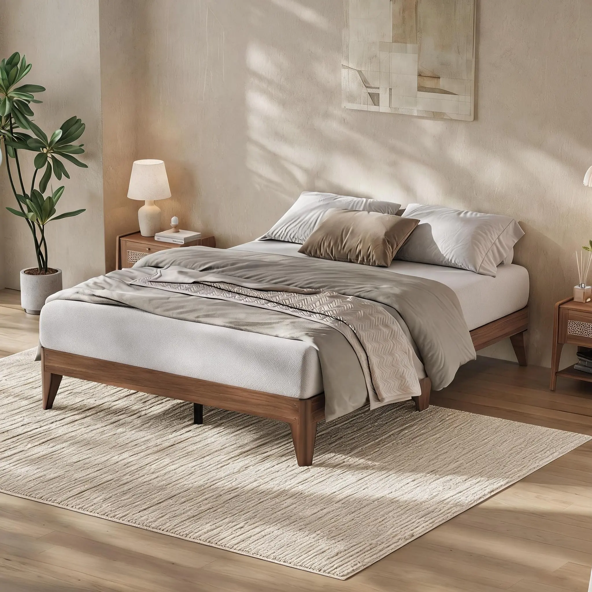 Wood Platform Bed Frame Queen – Solid Wooden Legs & Wooden Slats Support – Sturdy Metal Central Structure – No Box Spring Needed – Easy Assembly