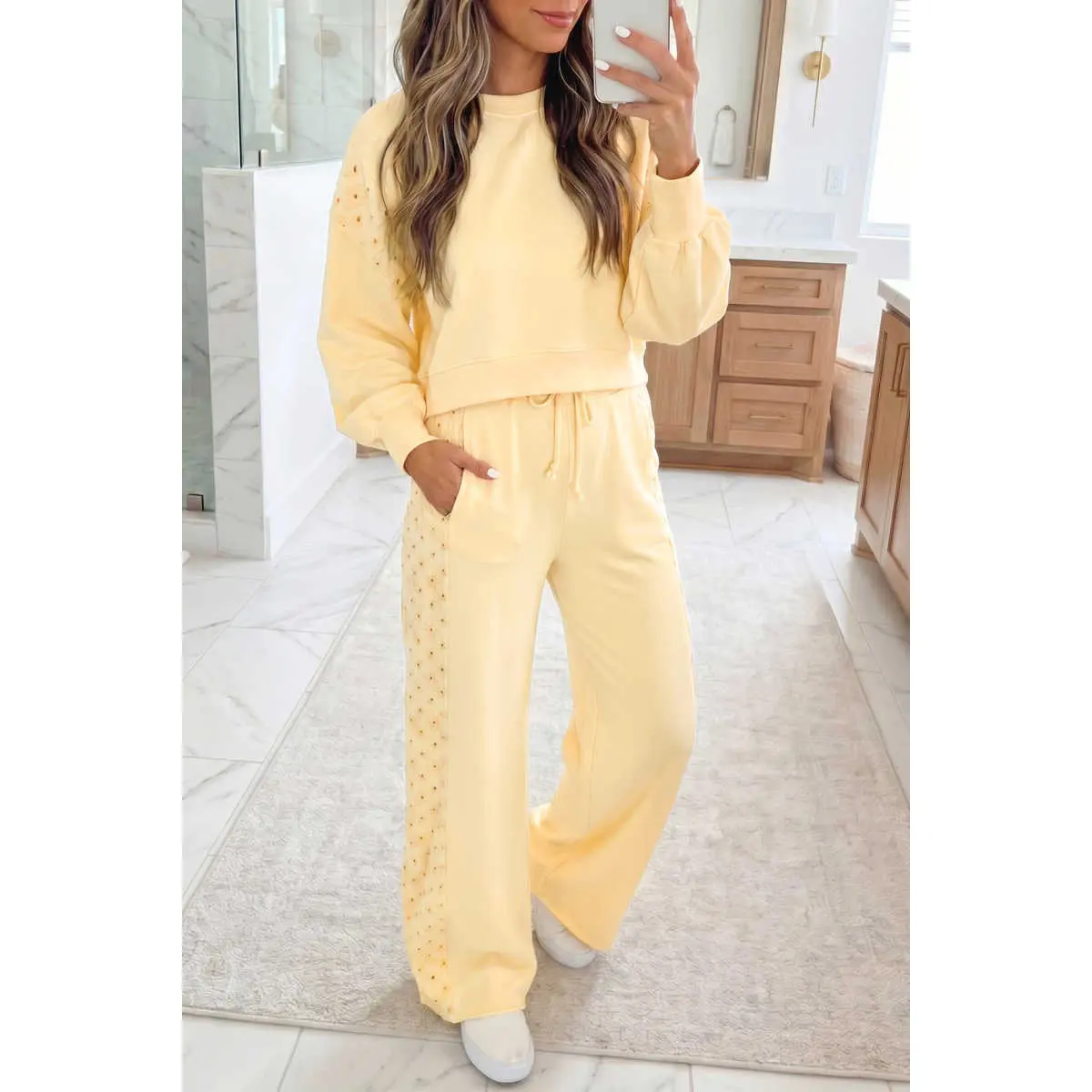 Women's Relaxed 2-Piece Eyelet Embroidered Lace Patchwork Clothes Set - Longsleeves Cropped Pullover, Drawstring Pockets Pants, Yellow Cream, Comfortable Women's Clothes