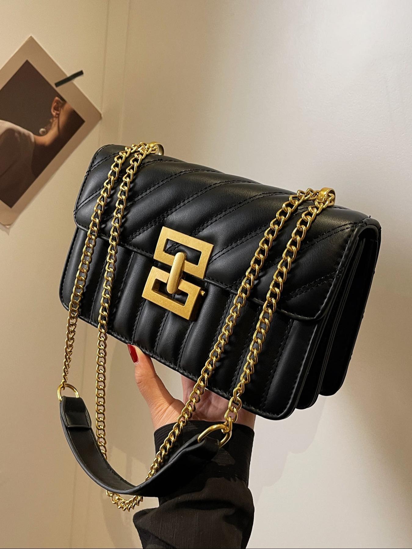 Women's Chain Strap Pu Leather Crossbody Bag, Simple All-match Solid Color Bag with Buckle Design, Trendy Shoulder Bag for Daily Used, Fashionable Crossbody Bag, Leather Crossbody Purses, Casual Shoulder Bag