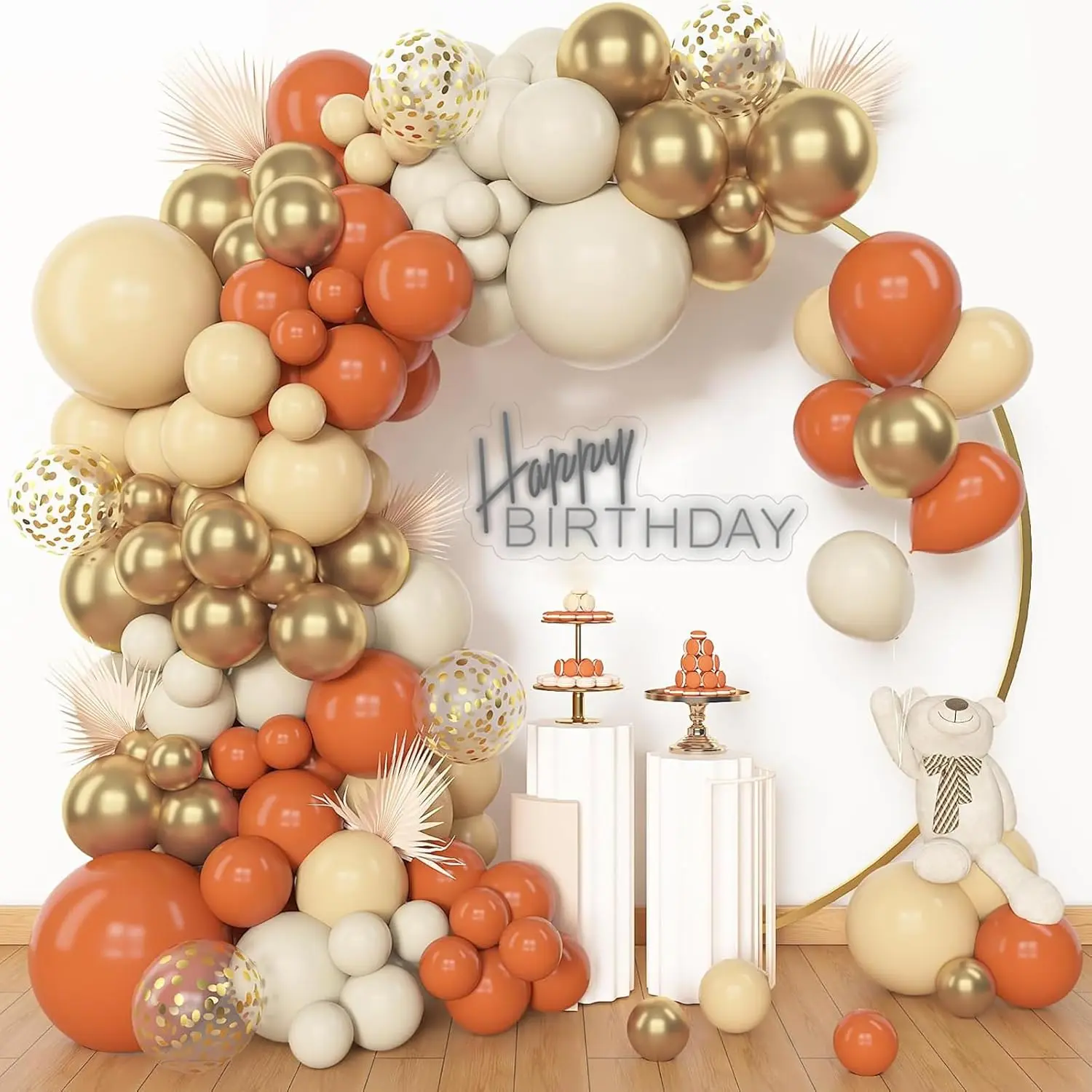 156pcs Orange Balloon Garland Arch Kit, Different Sizes 18 12 10 5inch White Pastel Orange Latex Metallic Gold Confetti Fall Thanksgiving Balloons for Shower Birthday Party Decorations