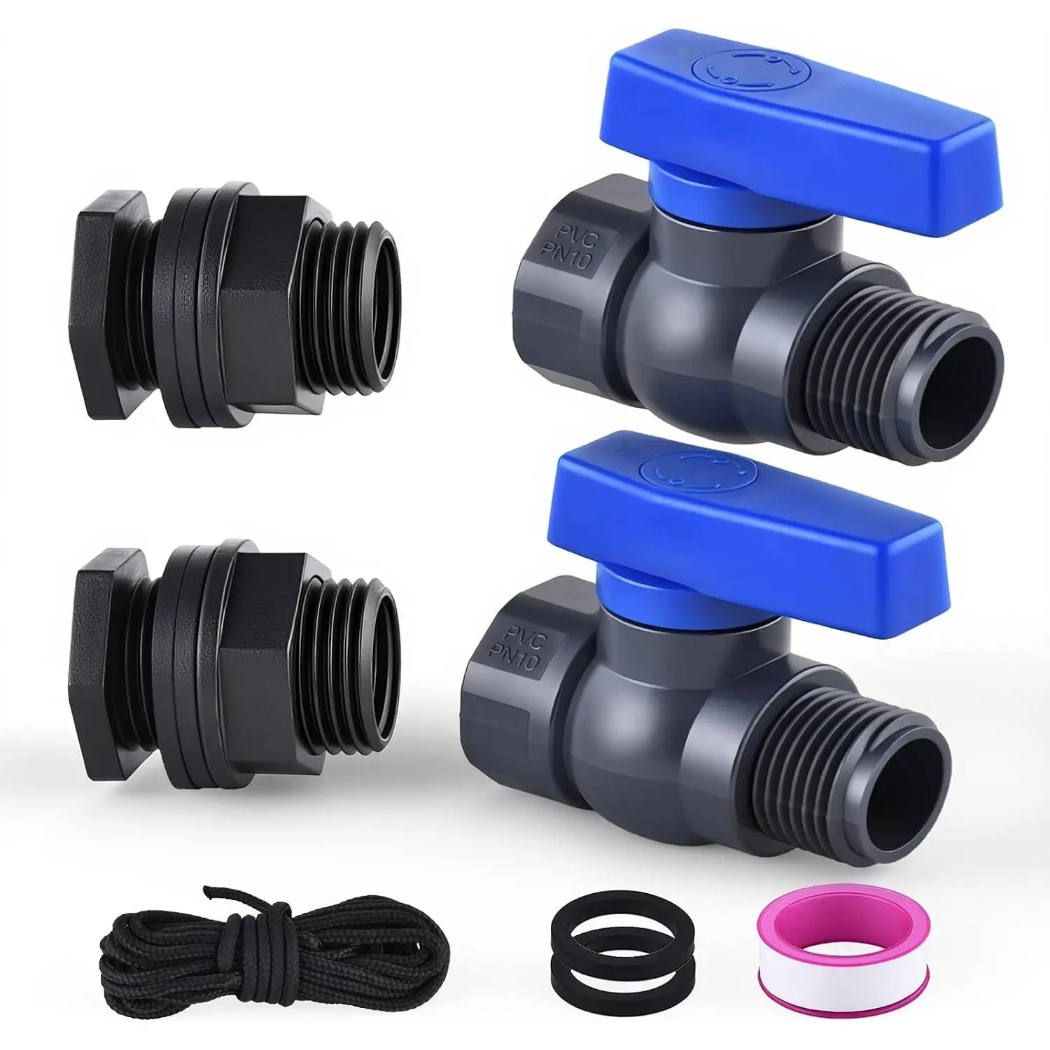 2 Pack 3/4 Inch Rain Barrel Spigot Kit, PVC Garden Hose Shut Off Valve with Bulkhead Fitting, Rain Barrel Diverter Kit for Water Tanks, Aquariums, Garden Barrel