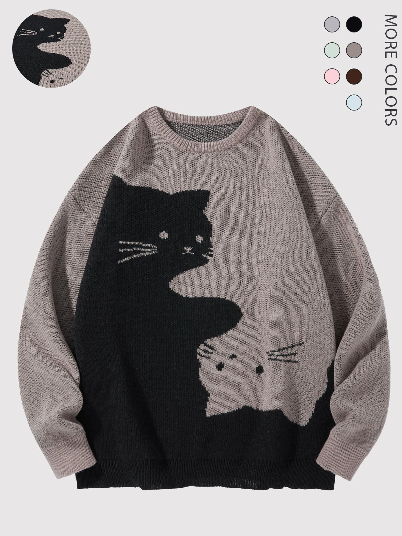 #Springfresh Love Men's / Unisex Cartoon Cat Jacquard Crew Neck Sweater Loose Casual Long-sleeve Knitwear Fashionable Autumn and Winter Knitwear Daily Wear Pullover College Style Versatile Trendy Brand SpringStatements