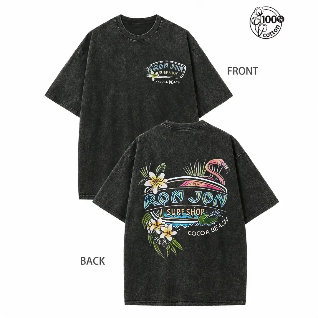Vintage Graphic T Shirts for Women, Casual Short Sleeve Tops with Flamingo Surf Print, Heavyweight Washed Cotton Oversize Crewneck Beachwear, Graphic Tees Women, Vintage T Shirts, Digital Print, Viral Graphic Tees