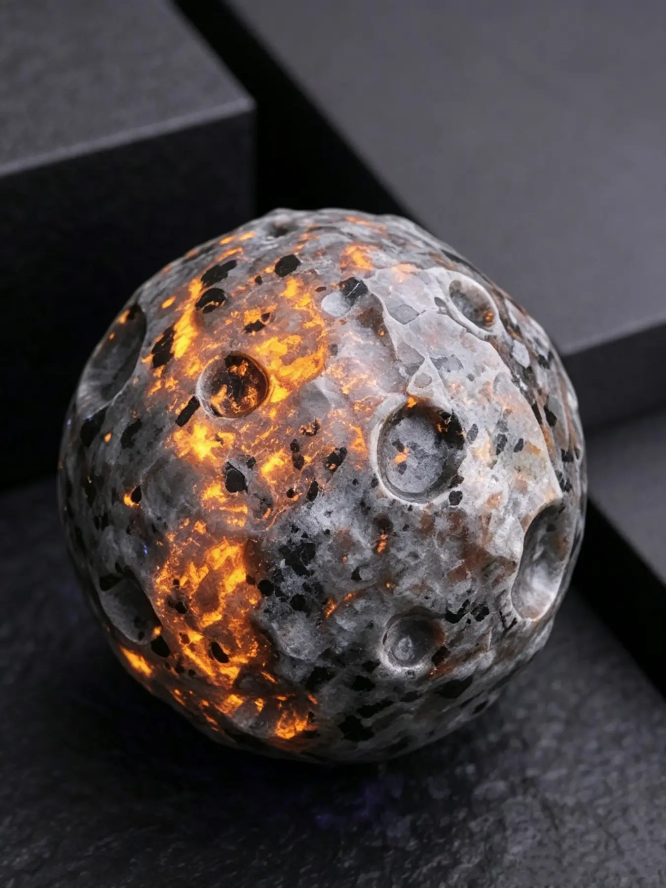 One 1.96-inch natural Yooperlite carved moon rock sphere, emitting an orange glow under ultraviolet light. A space rock crystal home decoration, a collector's gift for those who love fluorescent meteorite crystal stones.