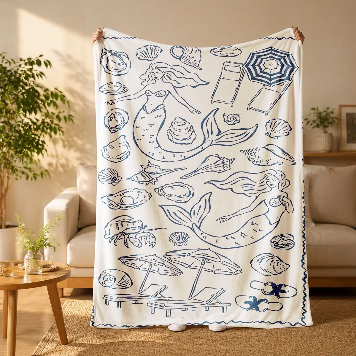 Ocean Style Blue Line Art Mermaid and Seashell Print Flannel Blanket - Suitable for all seasons, soft, lightweight and breathable, for bedroom, seasonal and holiday decorations - Perfect for beds, sofas, offices, camping and travel