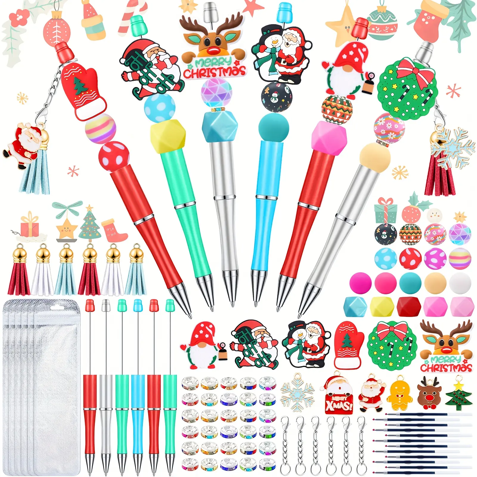 Christmas Beadable Pen Bead Ballpoint Pen Gel Ink Pen with Colorful Beads Rhinestone Beads for Xmas DIY Crafts Office Christmas Gifts Party Supplies