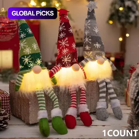 Christmas Plush Long Leg Gnome Faceless Doll with Light, Knitted Dwarf Elf Figurines with Hat, for Christmas Tree, Bedroom, Fireplace & Window Display, Home Decor Ornaments, Festive Decoration, Decoration, LED Mood Light #GLOBAL PICKS