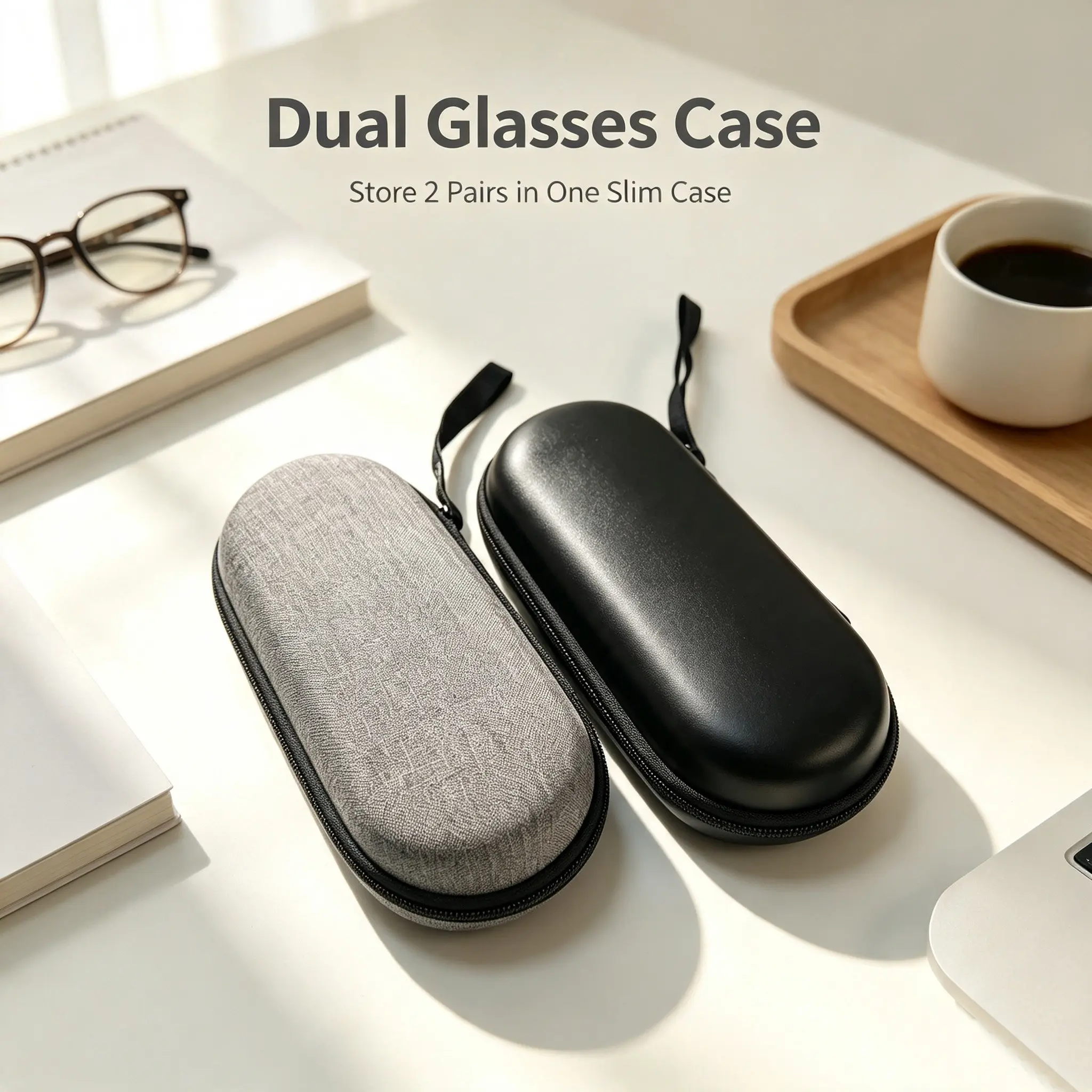 Simple Fashion Oxford Fabric Dual Zippered Portable Storage Box, Holds Two Pairs of Glasses, Universal Protective Case, Multi-Functional Eyewear Organizer
