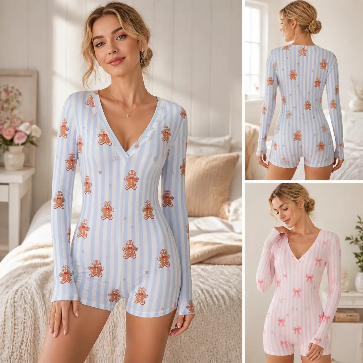 Women's Y2K Christmas Pajama Romper Gingerbread Print Striped Long Sleeve V Neck Onesie Coquette Cute Sexy Romper Pajama Party Sleepwear Flirty