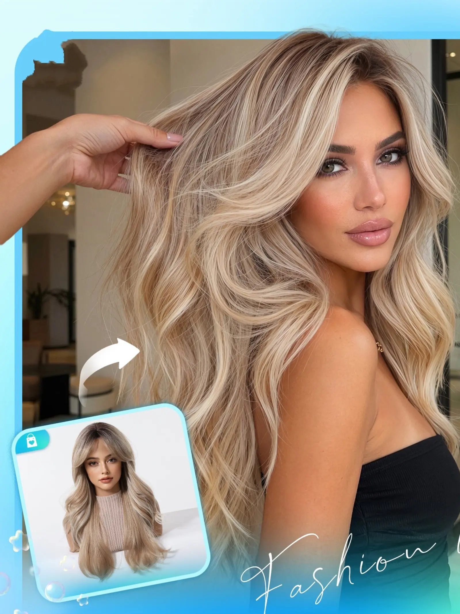 Light Gold Gradient Wavy Wig, 24 Inch Full Headpiece for Women, Bangs for Face Shape, Synthetic Fiber, Daily Wear, Events, Synthetic Wigs