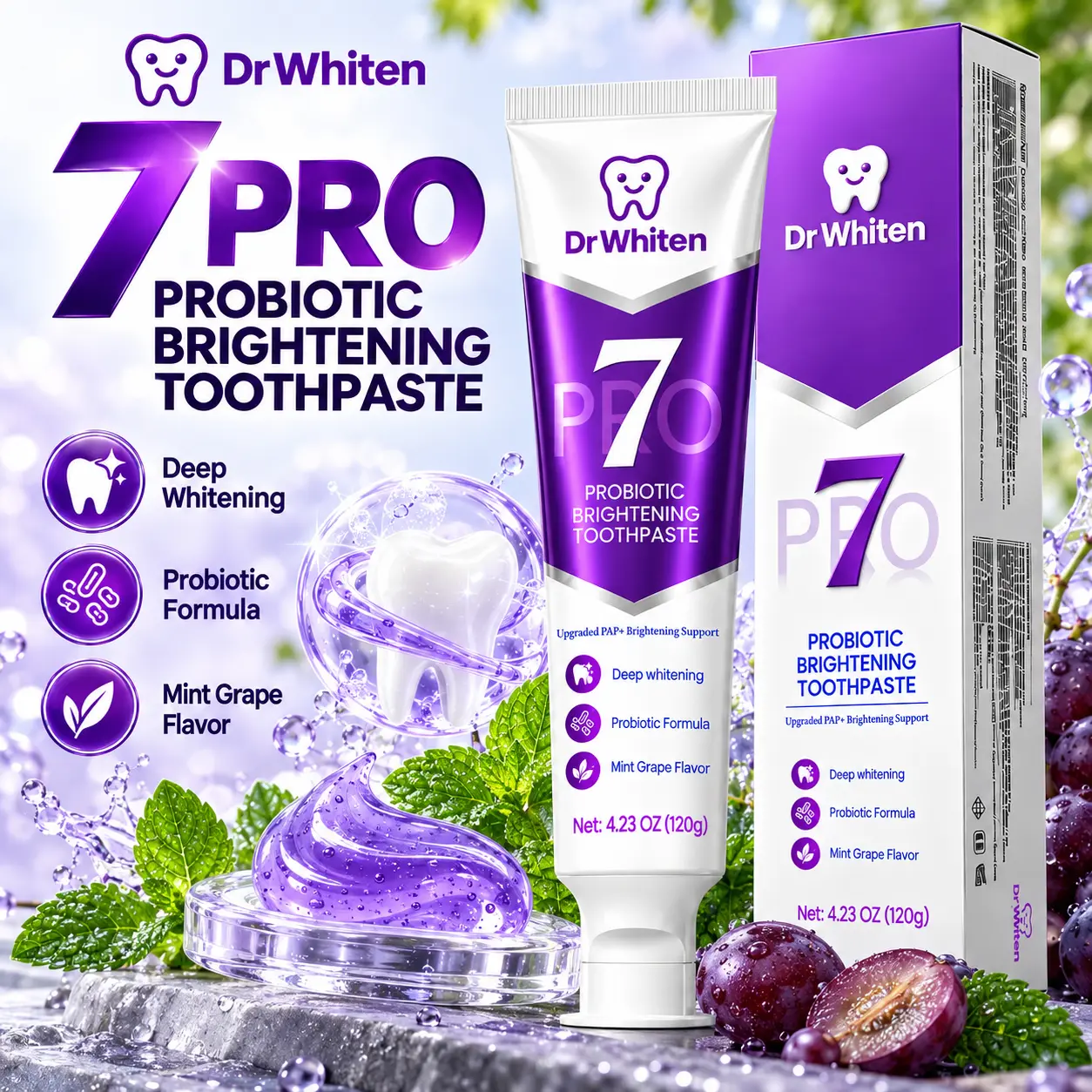 DrWhiten New 7-Probiotic Brightening Toothpaste | Purple Toothpaste Helps Balance Yellow Tones | Peroxide Free | Mint Grape Flavor | Fresh Breath & Color-Correcting Formula | Fluoride-Free | 4.23 oz