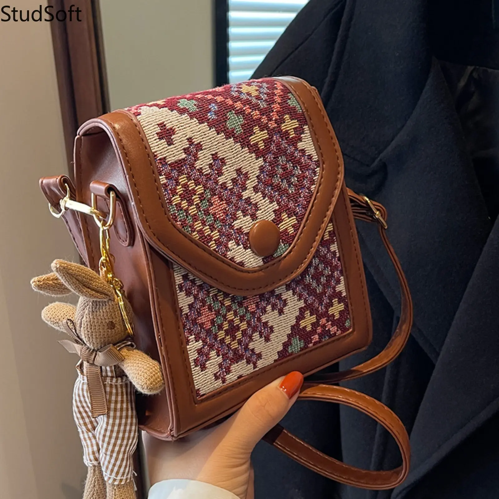 Retro Faux Leather Crossbody Bag for Women, Casual Small Shoulder Purse with a Woven Ethnic Strap and Cute Knit Bunny Charm, Purses Crossbody Bag, Plain, Small Size, Woven Strap