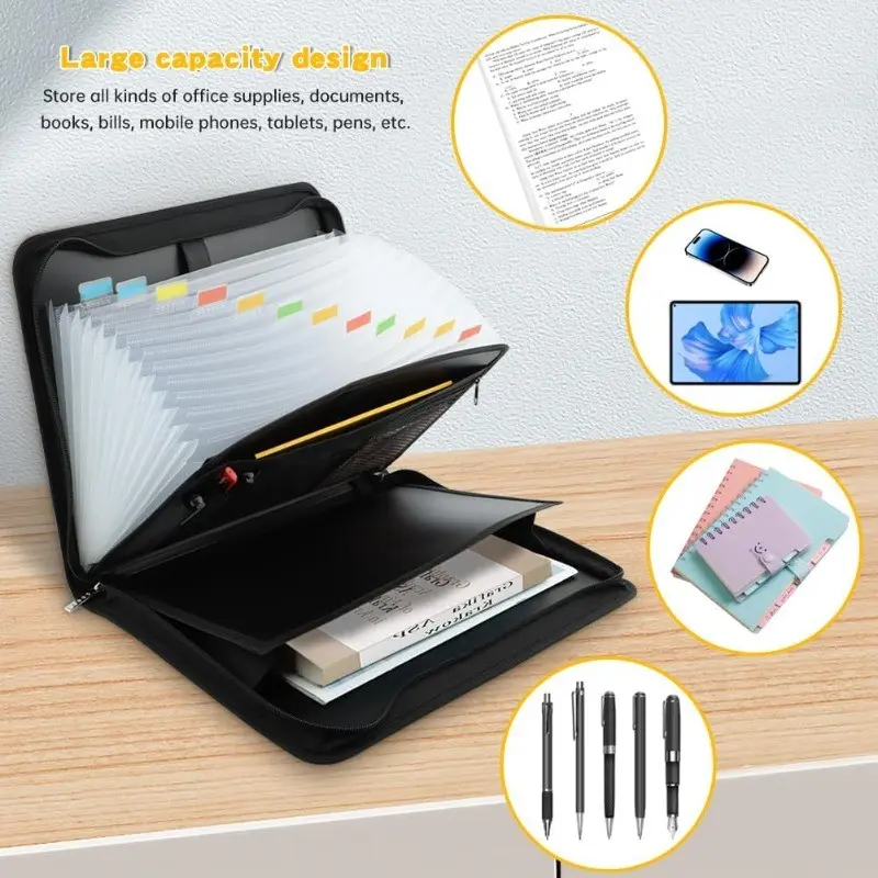 Portable 13-Compartment File Folder, Ideal for Home Office Document Organization, Handles & Zipper, A4 Letter Size Sorting