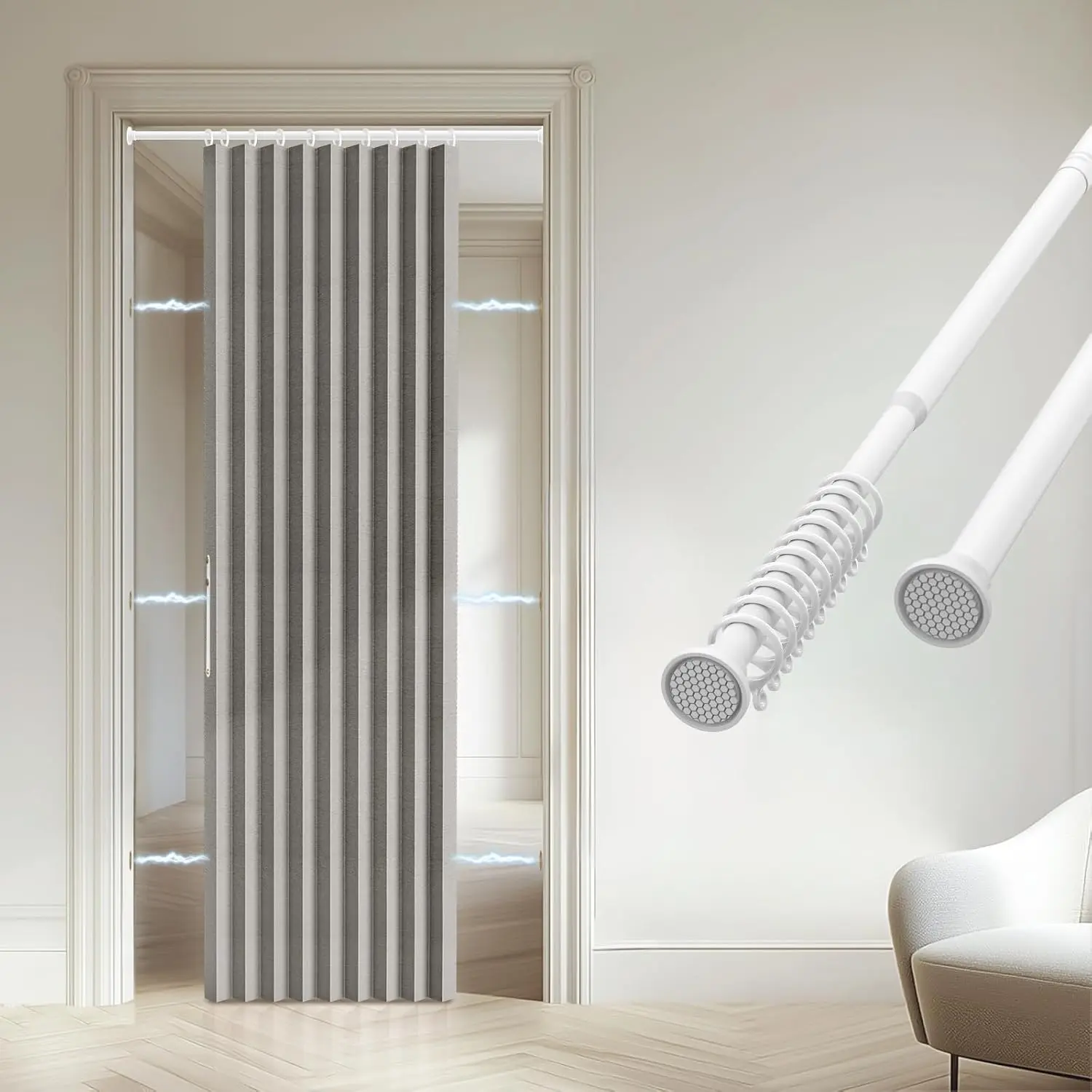 Accordion Door - 100% Light-Blocking Bedroom Door with Included Rod for Easy Installation, Suitable for Doorway Privacy Grey 43" W x 78" L