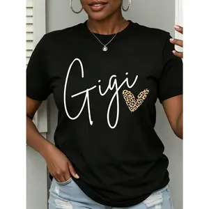 Women' Gigi Leopard Heart Print Black TShirt, Crew Neck, Casual Cotton Tee Medium Stretch Knit Fabric, Regular Fit For Female Ladies