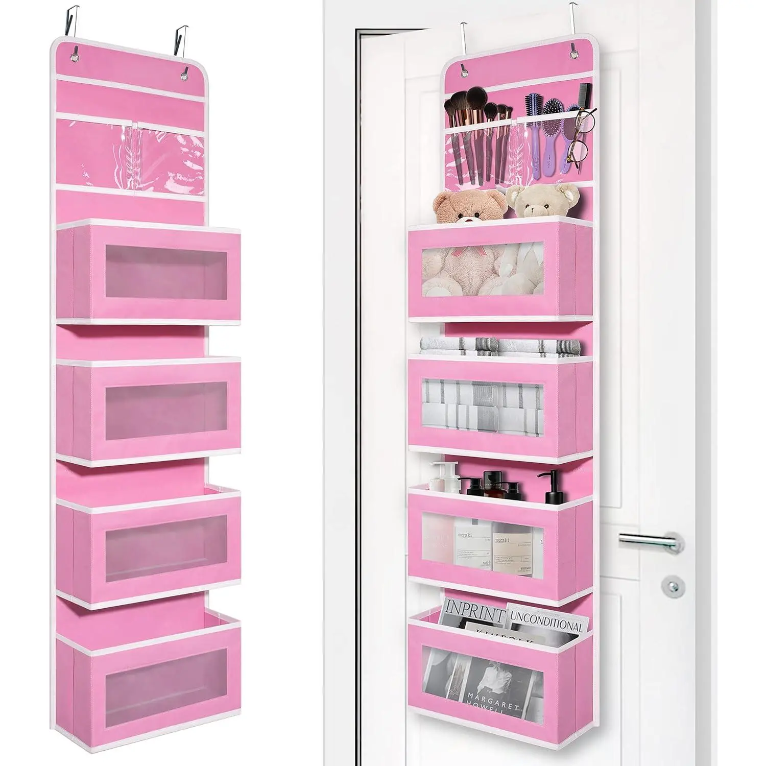 Pink Over Door Organizer with 4 Large Clear Pockets, Hanging Door Storage for Nursery, Bedroom, Bathroom, Closet, Toys, Diapers, Cosmetics, Baby Essentials