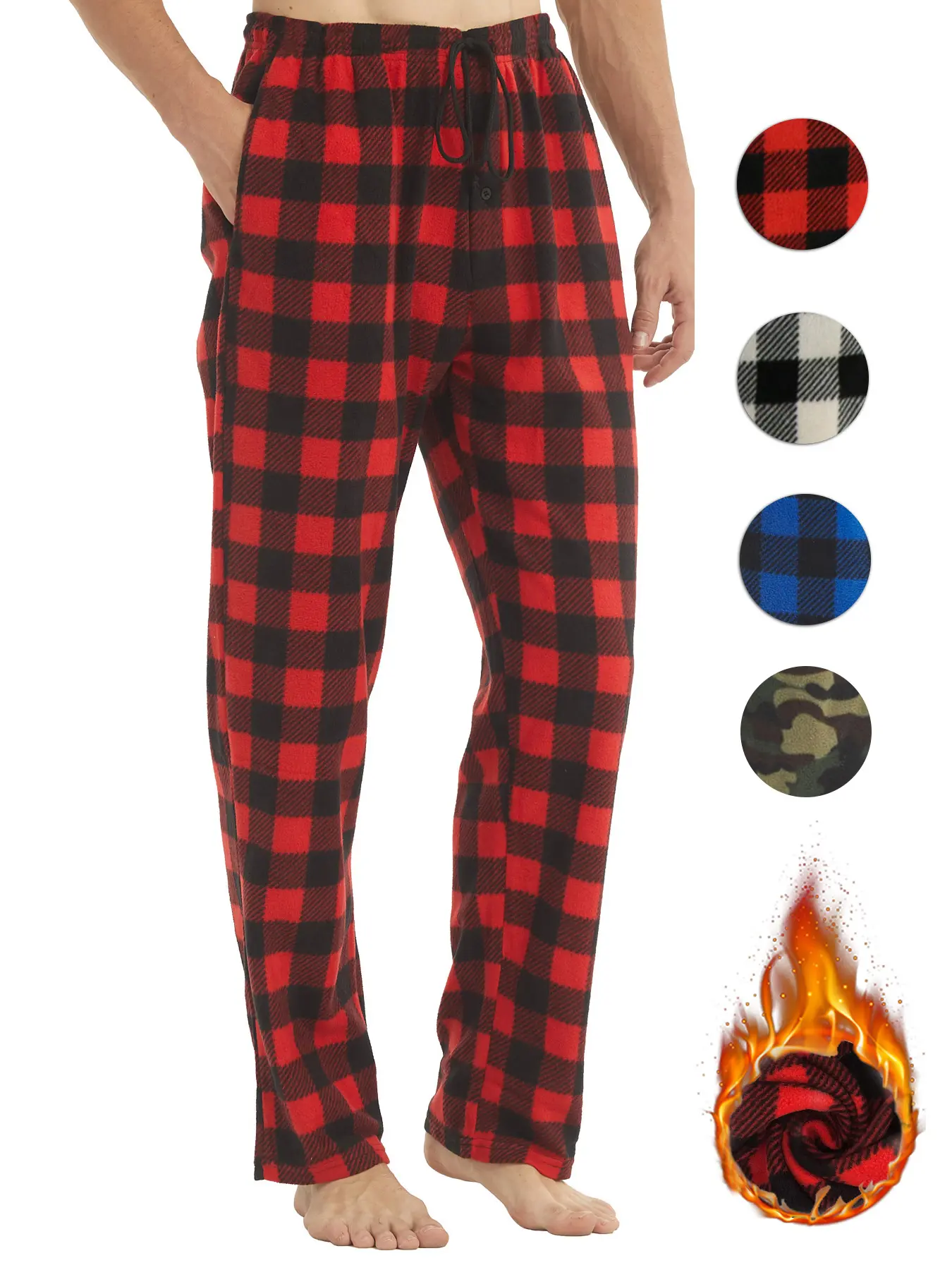 Men's Plaid Print Checked Drawstring Waist Pajama Pants, Casual Soft Comfortable Polar Fleece Elastic Waist Loungewear Trousers for Fall & Winter, Warm Men's Bottoms for Daily Wear