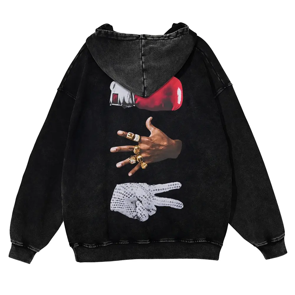 Unisex Vintage Boxing Graphic Hoodie, Thick Washed Cotton Sweatshirt with a Casual Oversize Fit, Tops, Sweatshirts, Jeans, Long Sleeve, M, Plus Size