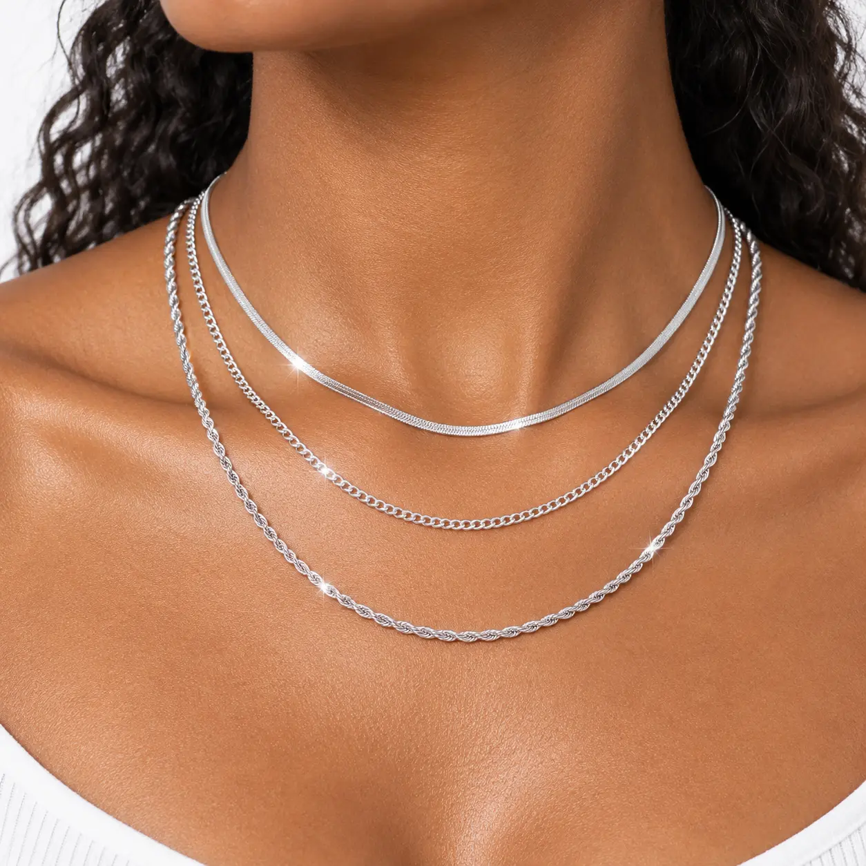 3 Piece Silver Layered Necklaces for Women, Adjustable Snake Chain, Link Chain and Twisted Rope Chain Set, Stackable Everyday Jewelry