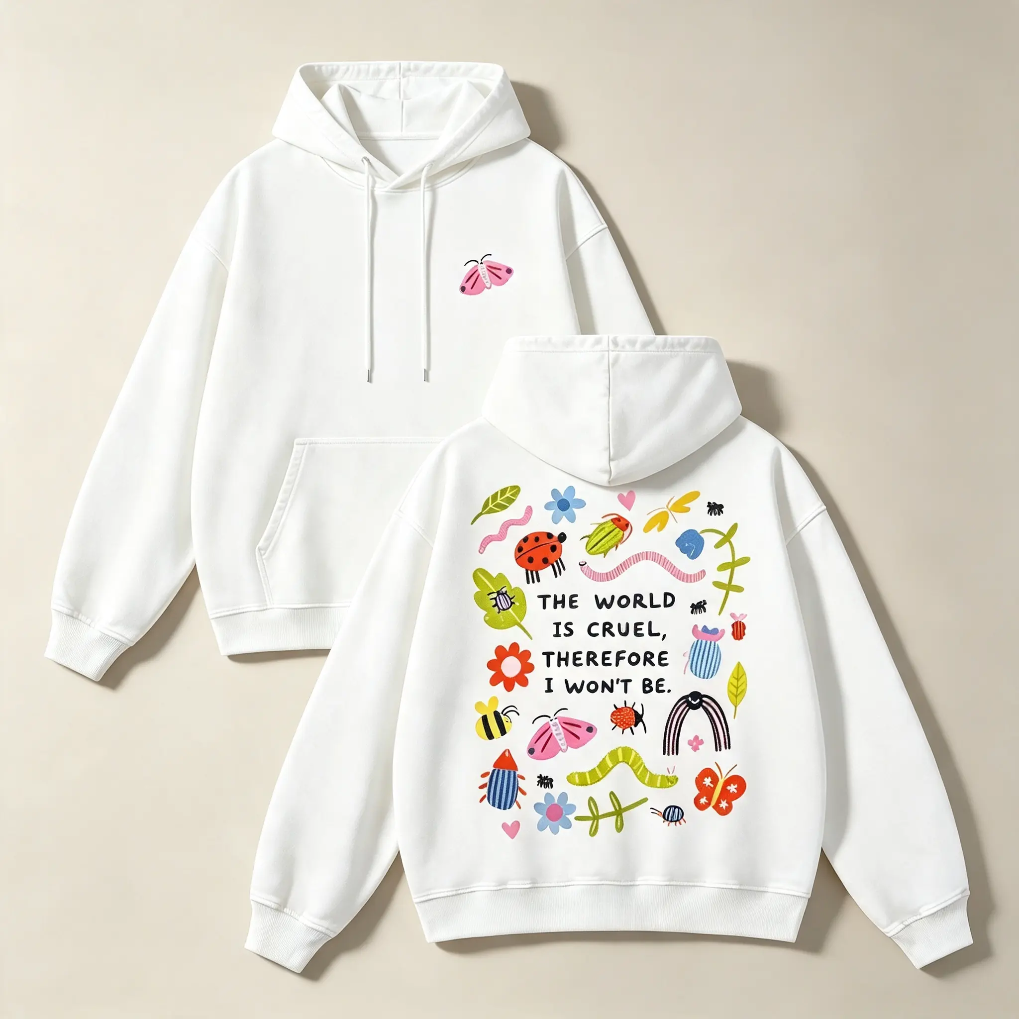 Unisex Cute Bug Print Graphic Hoodie - "The World Is Cruel" Funny Quote Pullover Hoodie, Autumn Medium Length Machine Wash Casual Streetwear Top