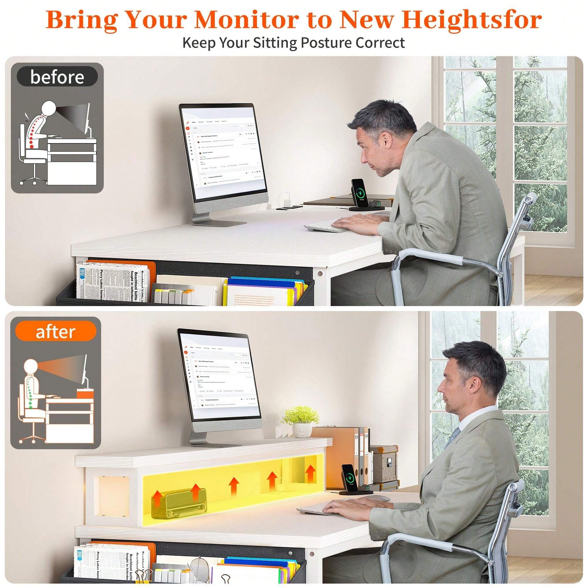 56.5" Computer Desk With File Drawers Cabinet, Study Writing Gaming Desk With Power Outlets, Home Office Desk With Shelves Monitor Stand, Work Table With Printer Space
