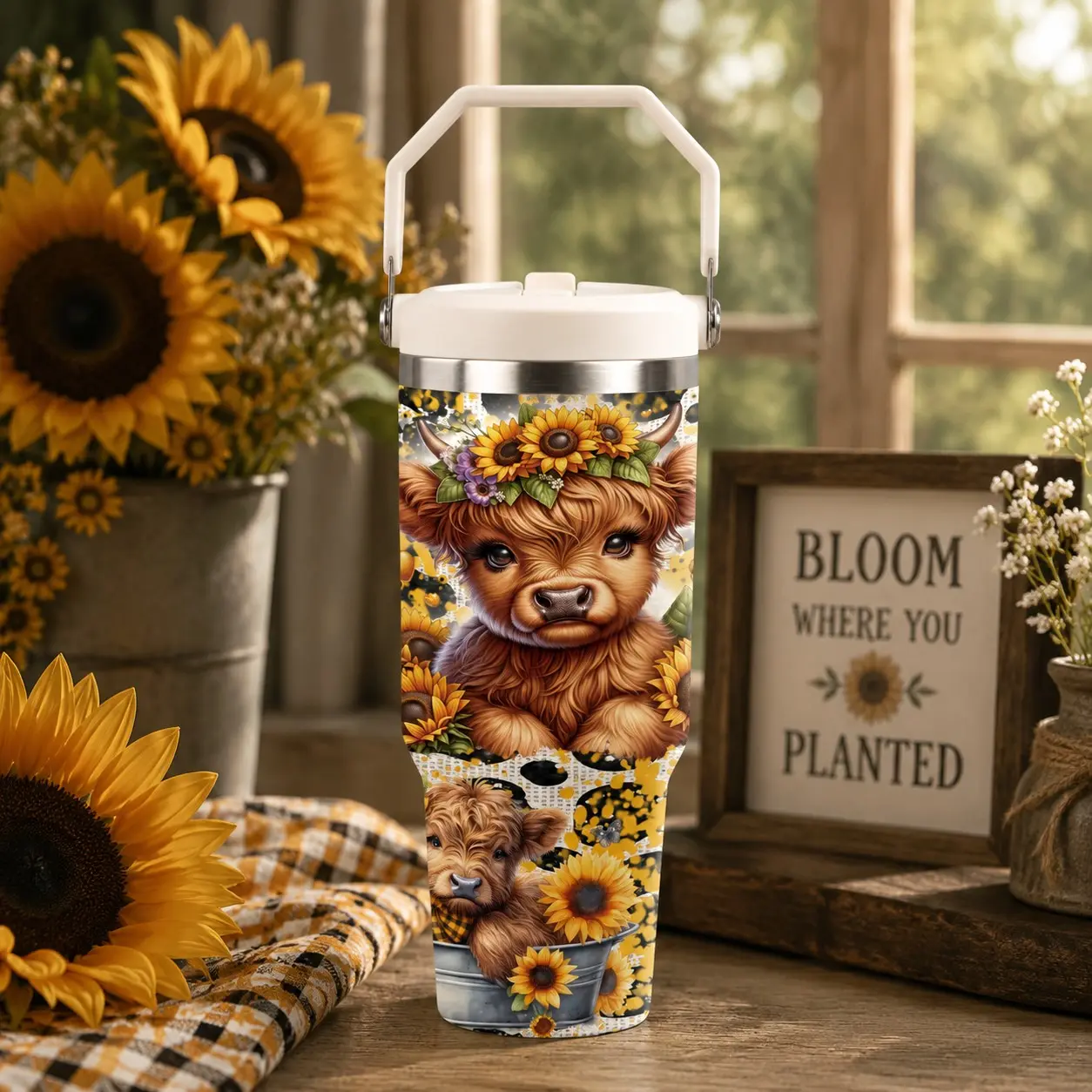 30oz Highland Cow Sunflower Printed Tumbler with Handle, Cute Floral Highland Cow Stainless Steel Insulated Travel Mug, Leakproof Vacuum Coffee Cup for Car & Camping, Fall Autumn Tumbler, Thanksgiving Halloween Christmas Holiday Gift for Her