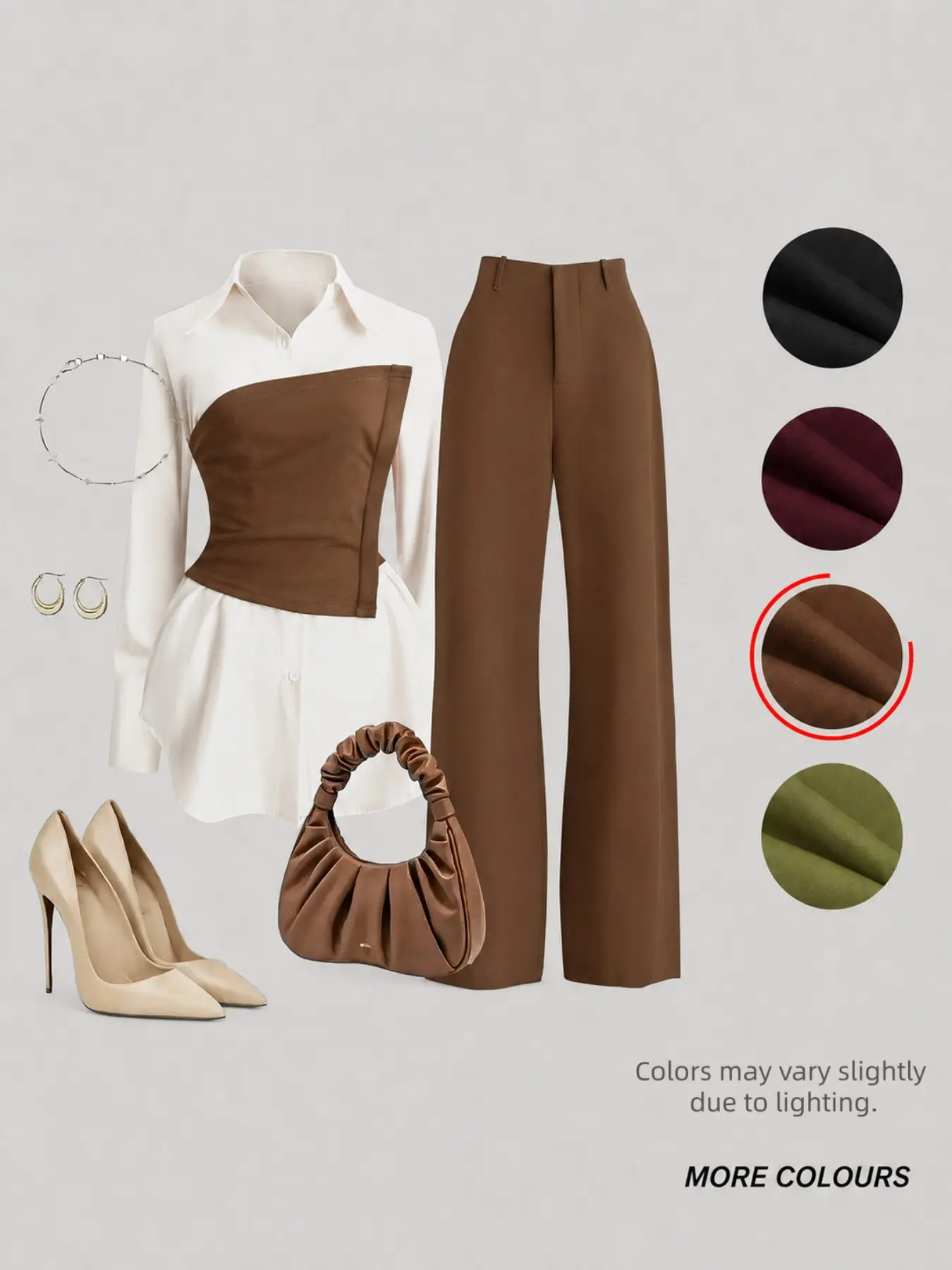 Women's Fall Winter Slimming Belted Colorblock Collar Blouse Set, Asymmetric Hem Design, Casual Daily Commute Two-Piece, Multiple Colors Available