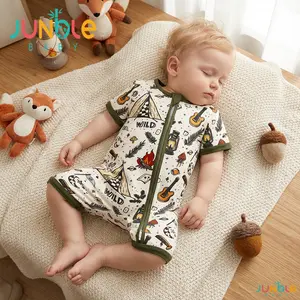 Junblebaby Bamboo Fiber Baby Short Sleeve Double romper,Kids pjs, Easy Diaper Change, with camping party, guitar, tent Print,Super Soft Breathable Double Zipper Short Sleeve Baby Romper, newborn baby ,baby affordable clothes onesie,Suitable for Summer