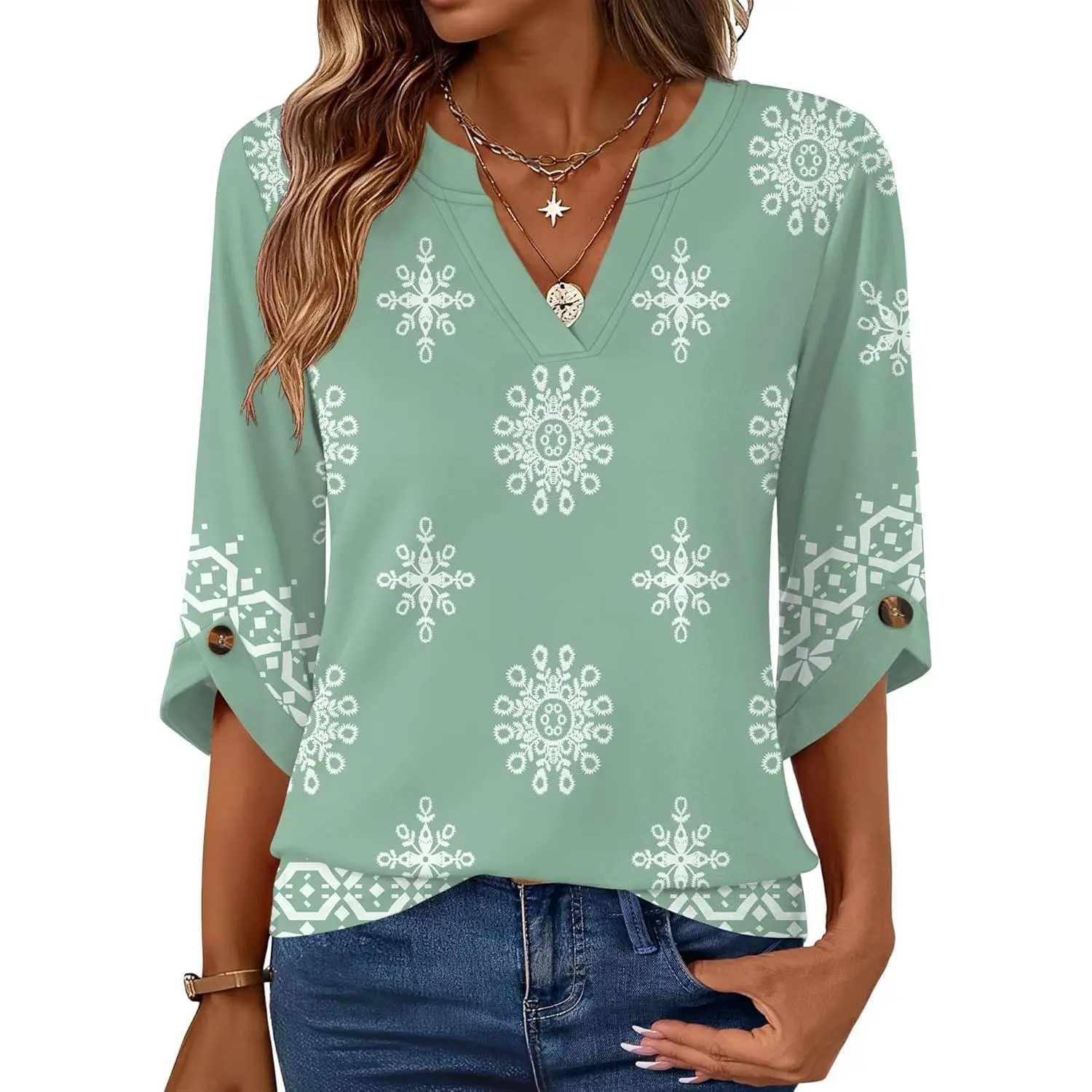 Womens 3/4 Length Sleeve Tunic Tops Dressy Casual V Neck Shirts Trendy Flowy Tees,clothes for back to school,first day of school outfits
