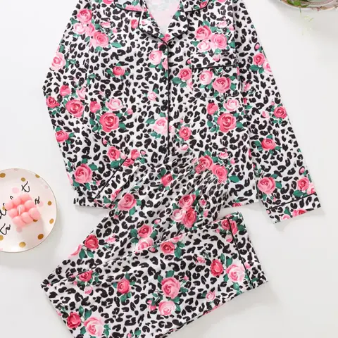 Women's Leopard Print Button Front Pocket Shirt & Pants Pyjama Two-piece Set, Elegant Comfy Long Sleeve Top & Trousers PJ Set, Ladies Sleepwear for All Seasons, Pajama Set, Matching Pj Set