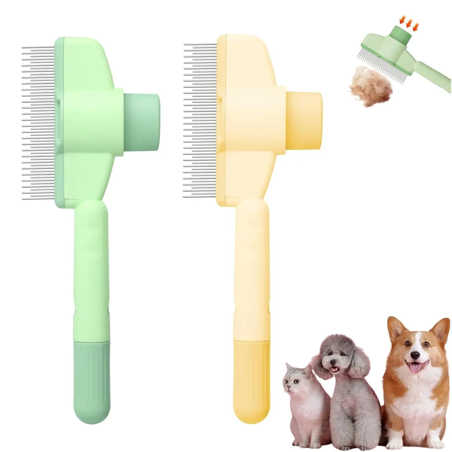 2Pcs Pet Comb Flea Comb for Cats Dogs,Self-Cleaning Cat Grooming Brush with Release Button and Stainless Steel Round Teeth,Detangling Long and Matted on Cats and Dogs(Yellow+Green)
