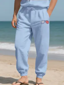 Men's Loose Hemp Casual Pants, Fitted Fall Beachwear, Plain Surface, Lightweight <88.2g/m², Trendy Sportswear for All Seasons