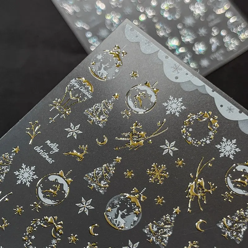 Christmas Elk Snowflake Wreath Nail Art Stickers, 1pc Hot Stamping Gold 5D Embossed Self-adhesive DIY Nail Stickers and Decals - Nail Supplies and Nail Charms for Girls and Women-Autumn Winter Nails For Nail Art Home Salon