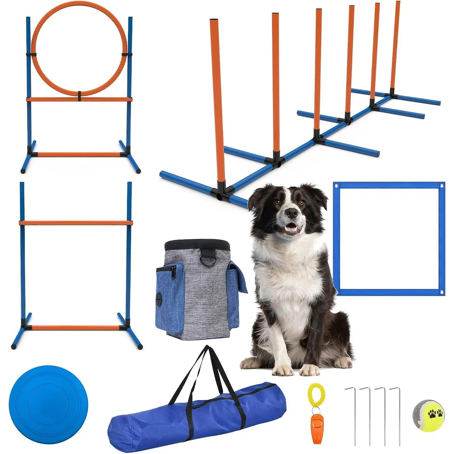 Dog Agility Training Equipment 4-Set - Adjustable Hoop, Jump, Weave Poles, Blind Poles & Pause Box for Outdoor Skill Building, Universal Fit Pet Obstacle Course
