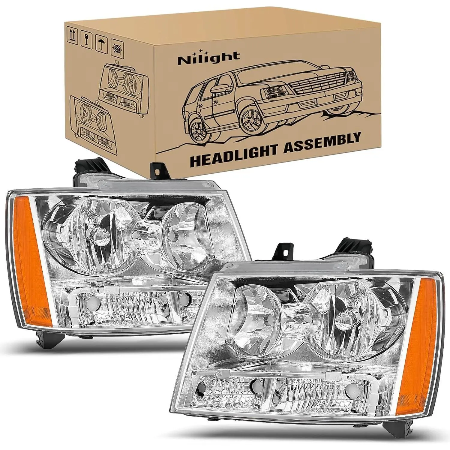 Nilight LED Headlight & Bumper Lamp Set - OE Standard, Adjustable Beam, Anti-Fog, IP65 Waterproof, UV Resistant, Plug-N-Play, Chrome Housing Amber Reflector for 2007-2014 Chevy Avalanche Tahoe Suburban 1500/2500 Night Driving Replacement, Brightening, 200
