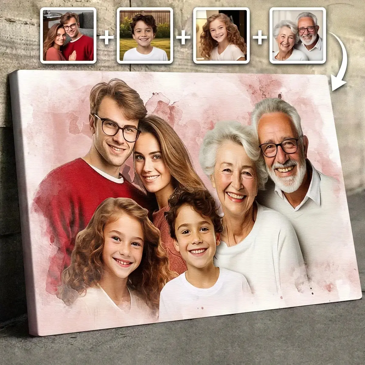 A custom 2D photo collage memorial—featuring four photos set in a frame with a soft pink canvas wrap and a customizable background color—designed as a heartfelt tribute to a lost loved one.