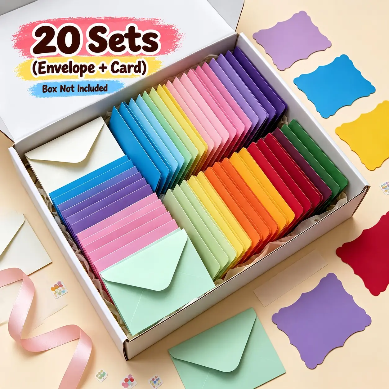 20 Envelopes + 20 Cards (Card With Envelope) 💌 Make Every Note a Little More Colorful, 10 Assorted Colors, Randomly Selected