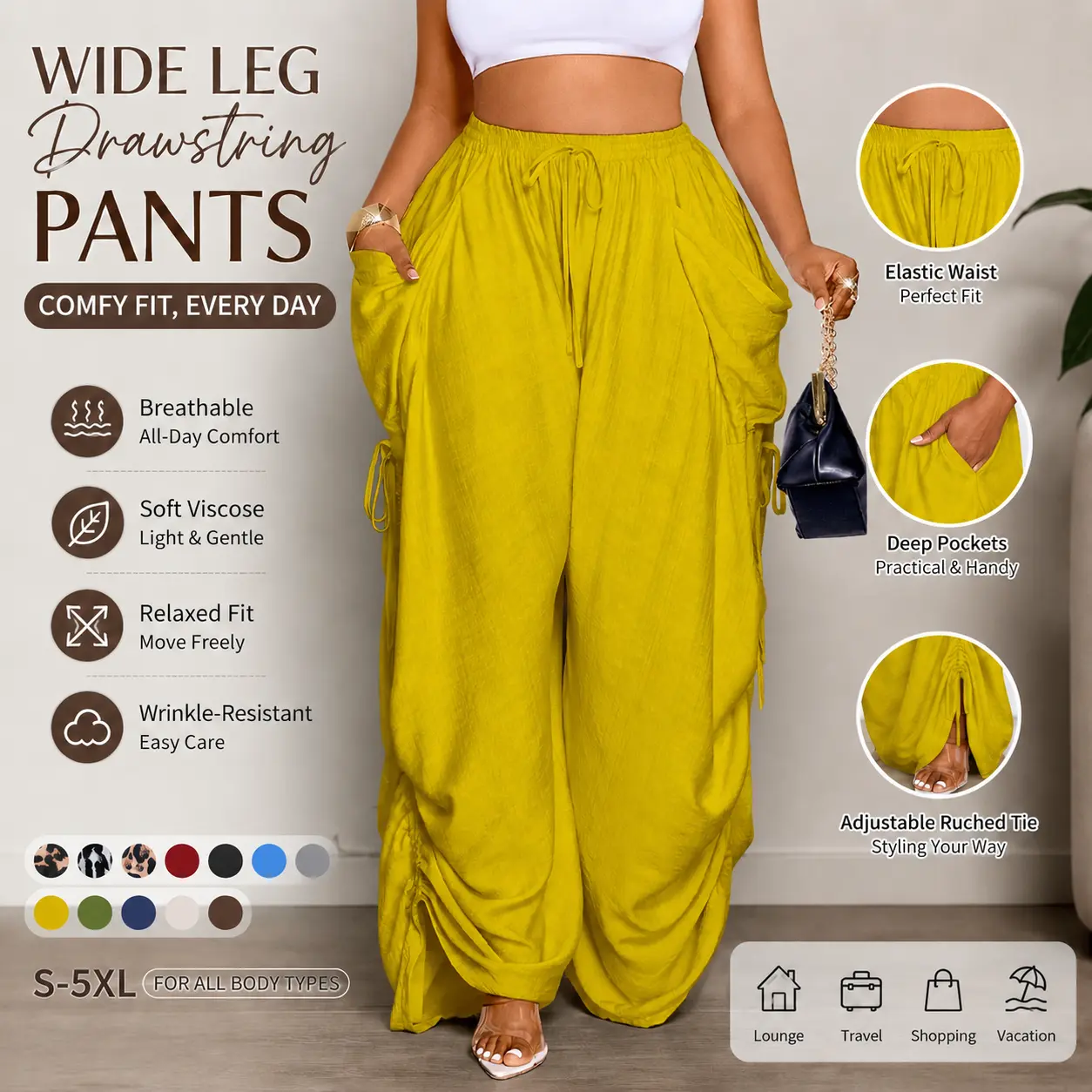 Women's Plus Size Yellow Wide Leg Palazzo Pants S-5XL, Soft Breathable Viscose, Elastic Drawstring Waist, Deep Pockets, Adjustable Ruched Side Ties, Relaxed Loose Fit Wrinkle-Resistant Casual Lounge Trousers for Travel, Vacation, Shopping, Daily Wear