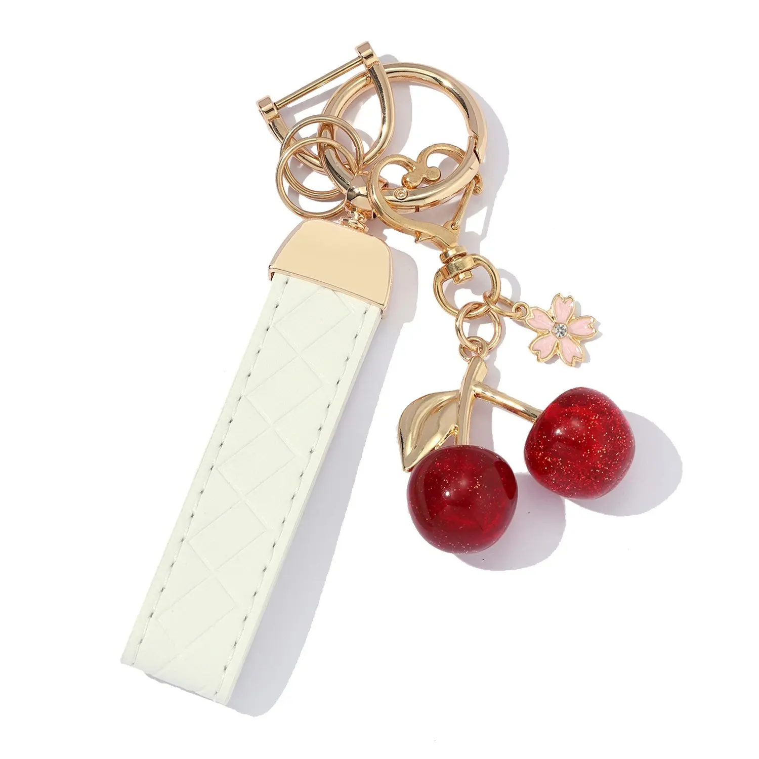 Luxury Rhombus Pattern Leather Fashionable Alloy Keychain with Cherry Blossom Pendant, Versatile Elegant Gift Accessory for Festive Occasions