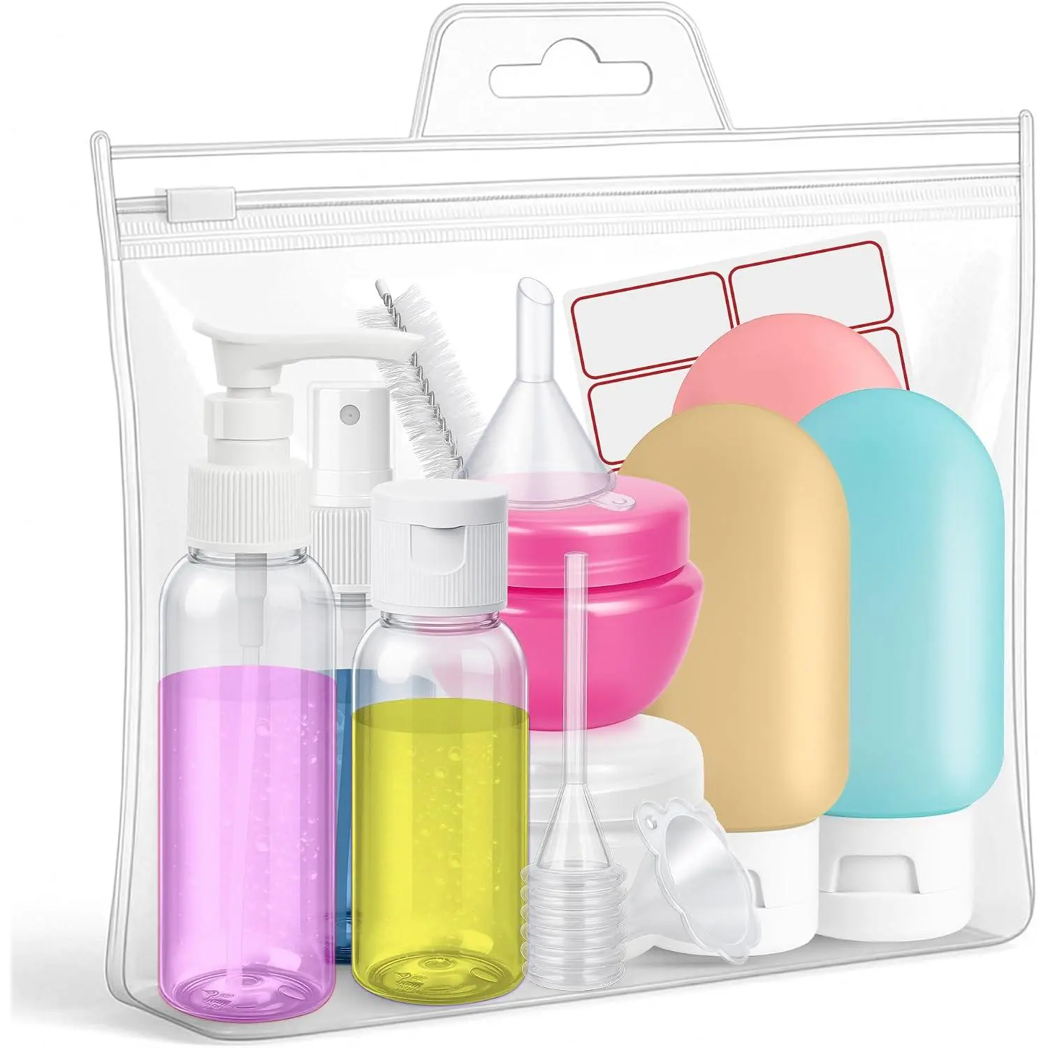16 Pack Travel Bottles - Travel Essentials for Toiletries - TSA Approved Size - Empty Plastic Bottles with Sticker Sheet, Funnels,  Bottle & Carry Bag - For Shampoo, Lotion, Oil & Sanitizer